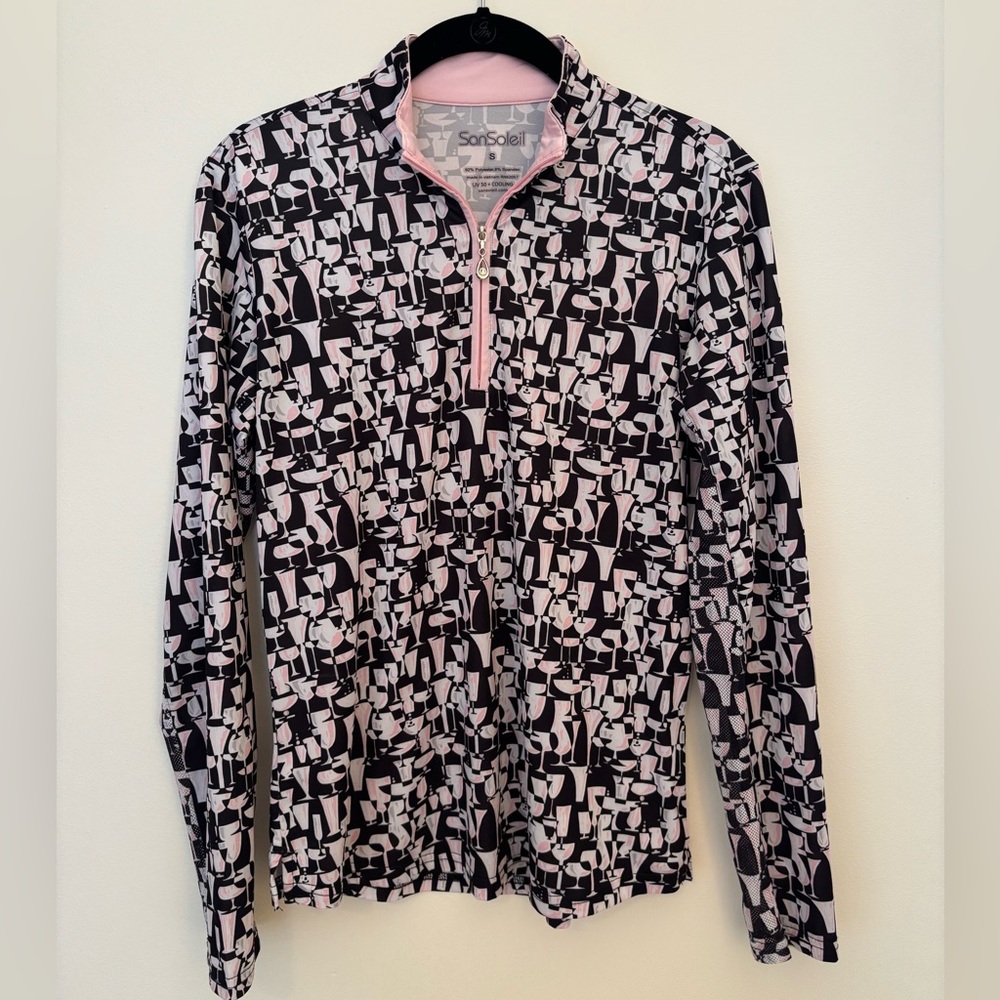 Sansoleil Pink & Black Printed Zip-Front Long Sleeve Pullover